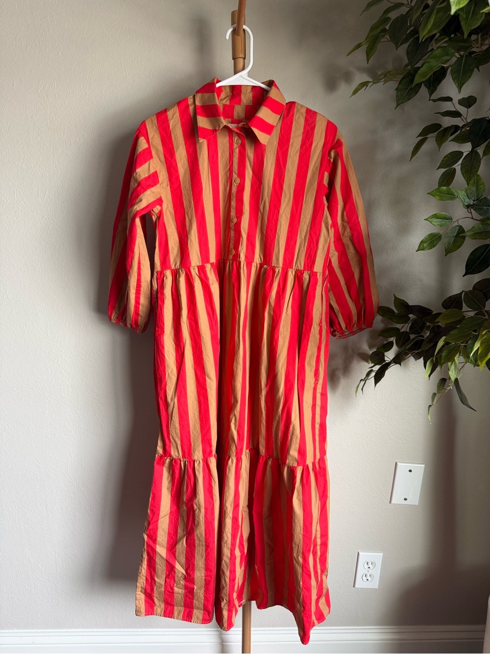 Anthropologie Maeve Bettina Striped Tiered Midi Dress in Red and Brown Size XS - Picture 3 of 8